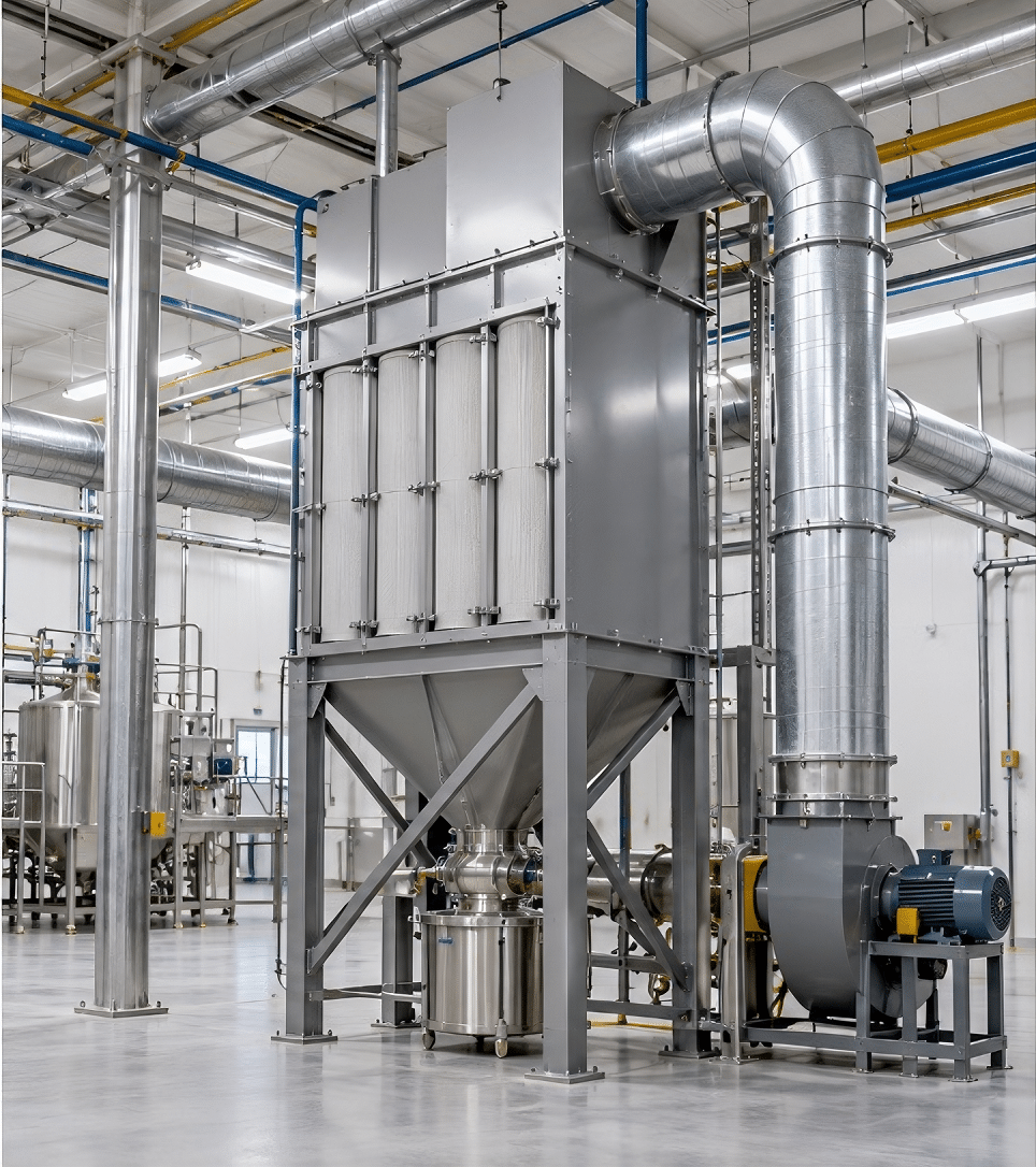 Illustrative image: dust collector and ducting . Inspect upstream leaks, collector discharge, and elevated surfaces.